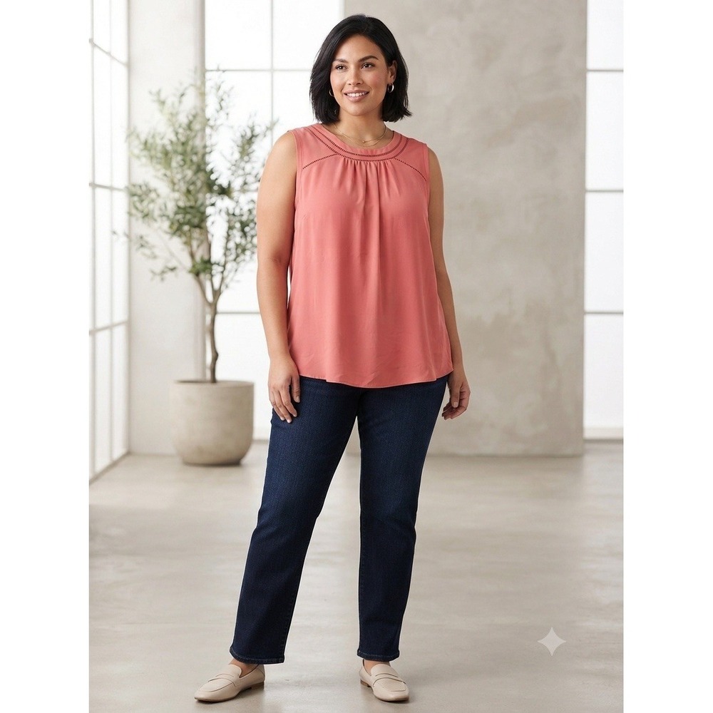 Plus Size 3X Hawthorn Sleeveless Top Coral Pleated Detail Round Neck Blouse
